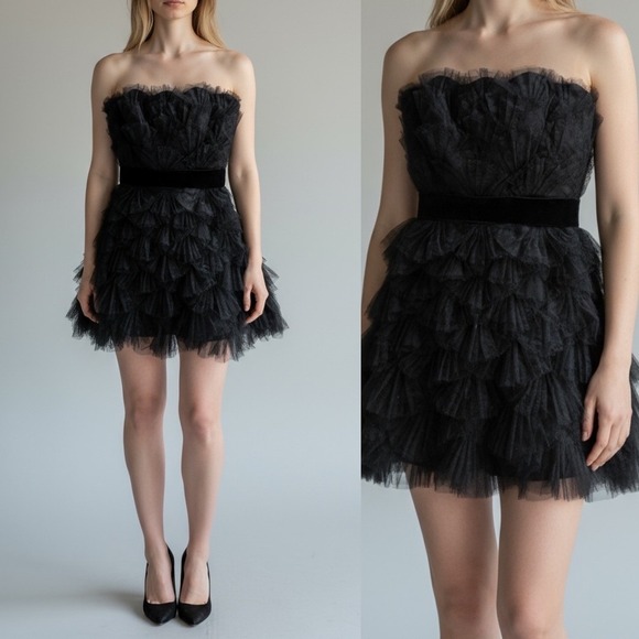 Tadashi Shoji Dresses & Skirts - Tadashi Shoji Black Tulle Ruffled Silk Contrast Strapless Bustier Dress Sz 4
